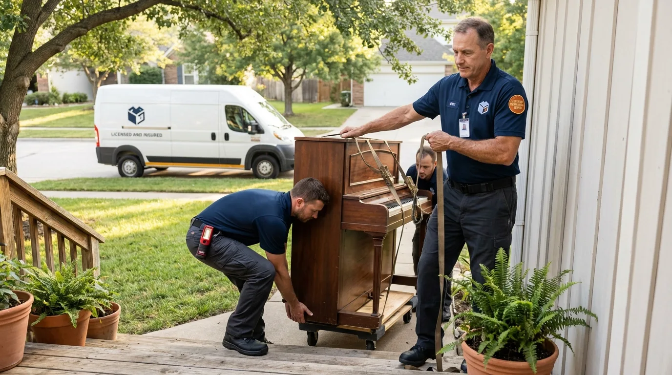 Licensed piano movers securing grand piano in Oakridge, OR
