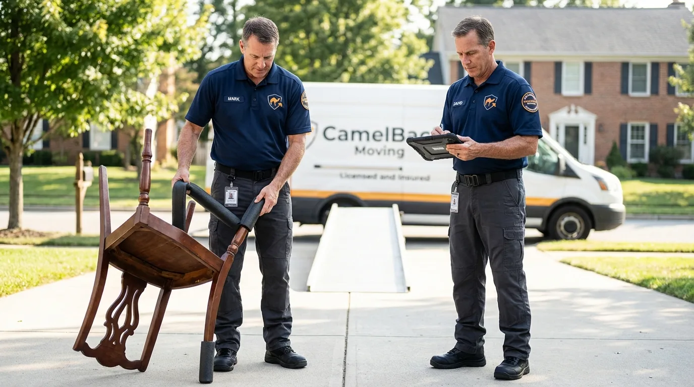 Movers inspecting furniture for damage prevention before loading in Oakridge, OR