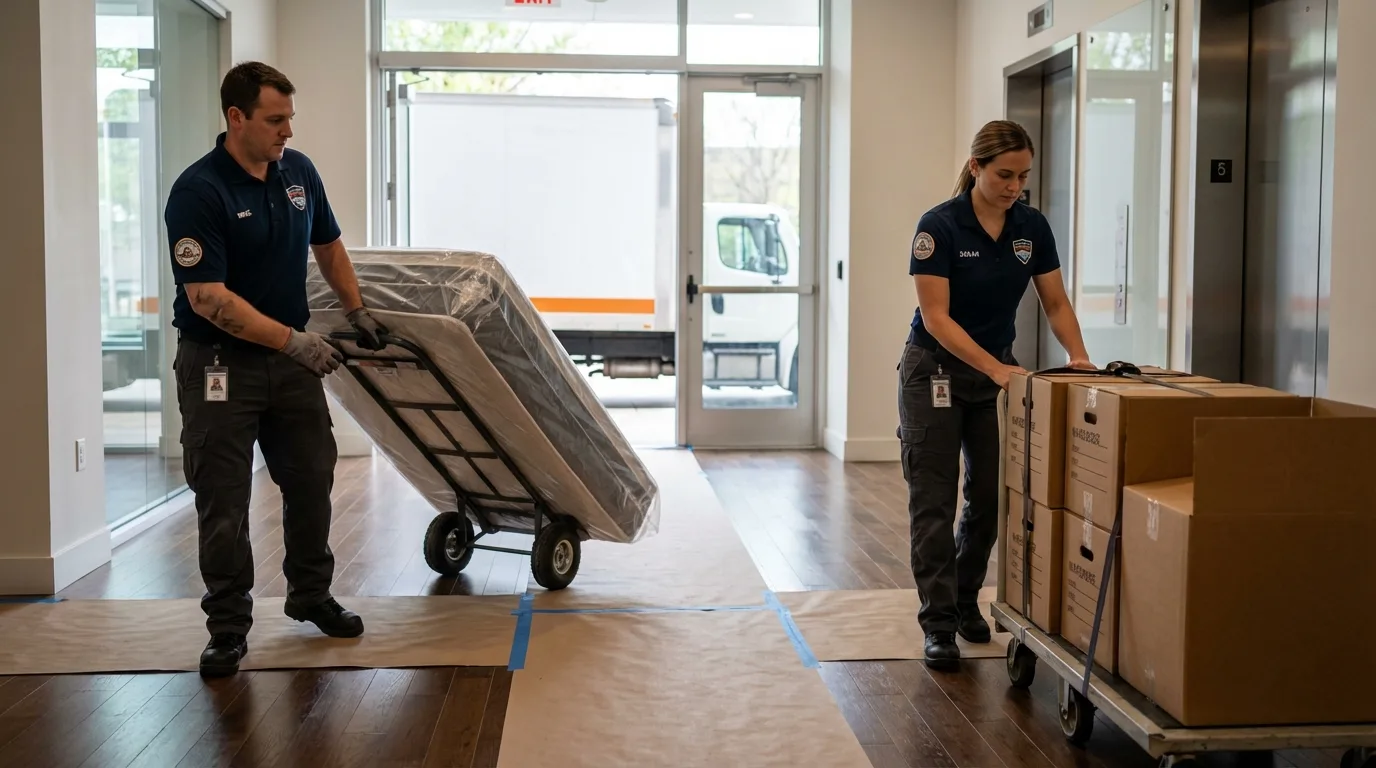 Professional apartment movers loading elevator in Oakridge, OR