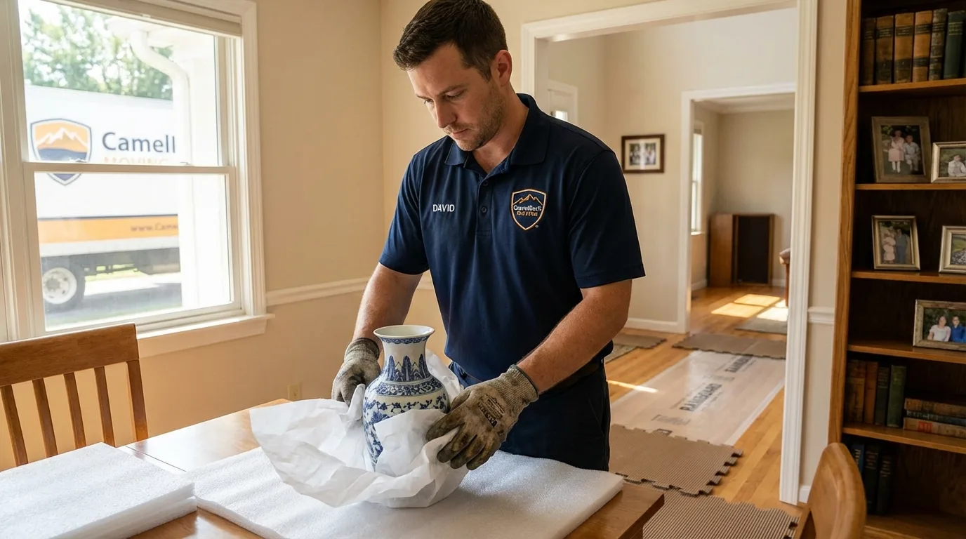 Professional crew carefully wrapping antique vase for senior downsizing move in Oakridge, OR